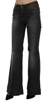 Black Washed Mid Waist Flared Denim Casual Jeans