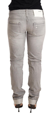 Gray Tattered Cotton Slim Fit Folded Hem Women Denim Jeans