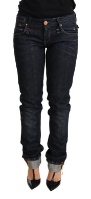 Dark Blue Cotton Slim Fit Folded Hem Women Denim Trouser Jeans