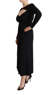 Black Nylon Stretch Long Sleeves Deep V-neck Maxi Dress