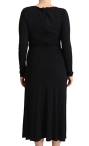 Black Nylon Stretch Long Sleeves Deep V-neck Maxi Dress