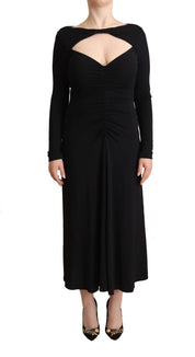 Black Nylon Stretch Long Sleeves Deep V-neck Maxi Dress