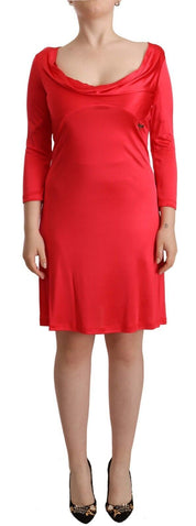 Red Viscose 3/4 Sleeves Deep Round Neck Sheath Dress