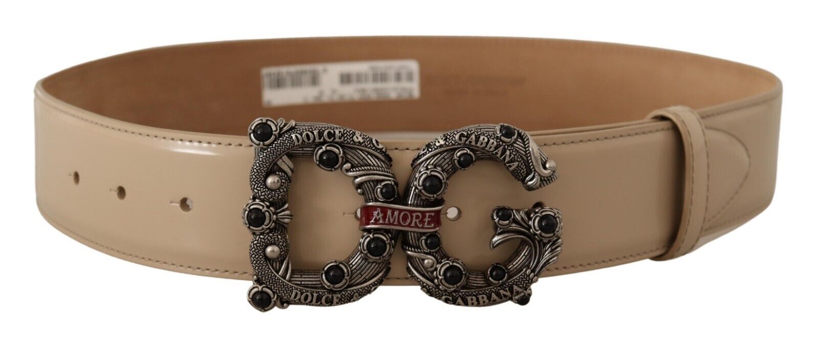 Beige läderbälte med silverfärgad logobrooch Amore