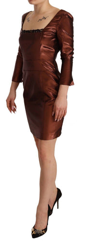 Metallic Brown Long Sleeves Square Neck Sheath Dress