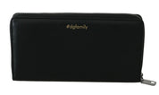 Black Blue Leather #DGFAMILY Zipper Continental Wallet