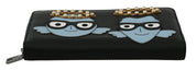 Black Blue Leather #DGFAMILY Zipper Continental Wallet