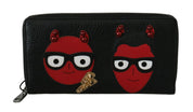 Black Red Leather #DGFAMILY Zipper Continental Wallet