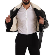 Black Leather Shearling Biker Coat Jacket