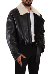 Black Leather Shearling Biker Coat Jacket