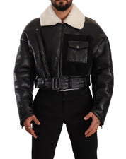 Black Leather Shearling Biker Coat Jacket
