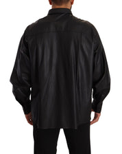 Black Leather Button Down Men Collared Jacket