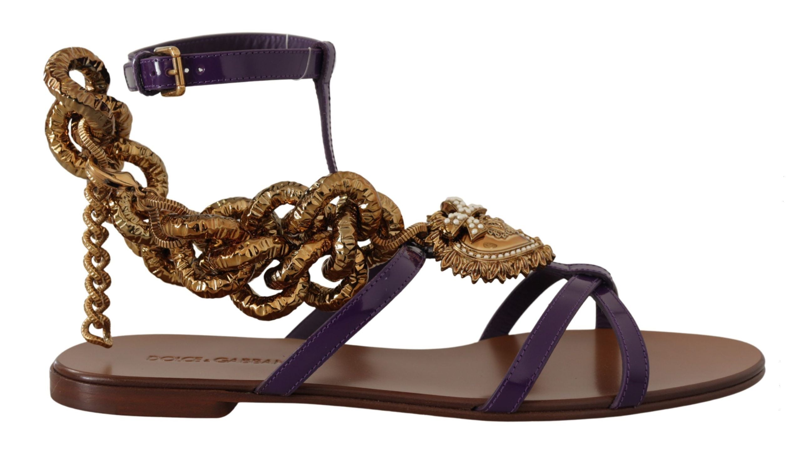 Dolce & Gabbana Brown and Purple Leather Flat Sandals