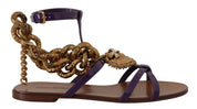 Dolce & Gabbana Brown and Purple Leather Flat Sandals