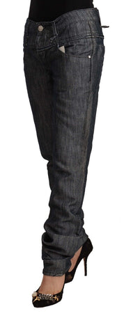 Dark Gray Ramie Mid Wide Waist Straight Denim Jeans