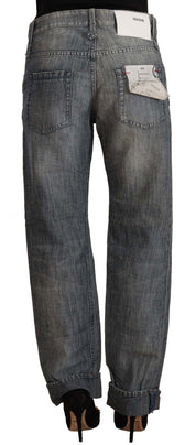Gray Washed Mid Waist Straight Denim Folded Hem Jeans
