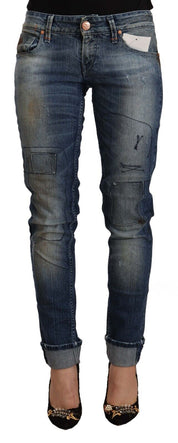 Blue Washed Low Waist Folded Hem Slim Fit Jeans
