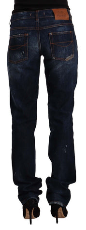 Dark Blue Washed Mid Waist Cotton Denim Straight Jeans
