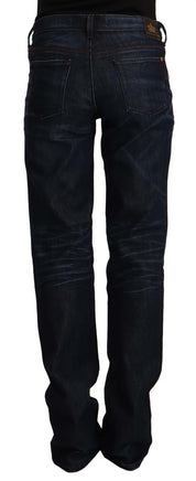 Dark Blue Mid Waist Cotton Denim Straight Jeans