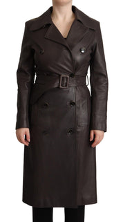 Dark Brown Leather Long Sleeves Belted Jacket