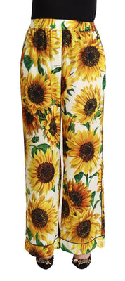 White Sunflower Print Mid Waist Wide Leg Pants