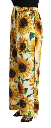 White Sunflower Print Mid Waist Wide Leg Pants