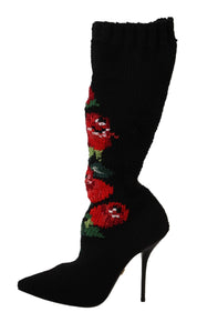 Black Stretch Socks Red Roses Booties Shoes