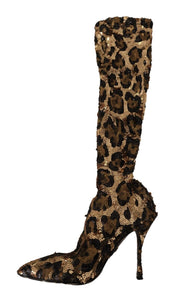 Gold Leopard Sequins Heels Boots Shoes