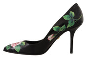 Black Leather Roses High Heels Pumps Shoes