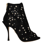 Black Crystals Heels Zipper Short Boots Shoes