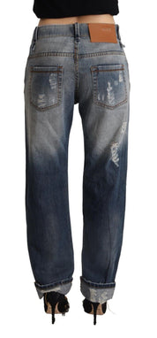 Blue Tattered Mid Waist Straight Denim Cotton Jeans