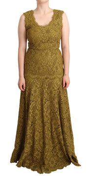Brown Floral Lace Maxi Floor Length Dress