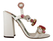 White Leather Crystal Keira Heels Sandals Shoes