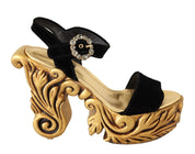 Black Gold Baroque Velvet Heels Crystal Shoes