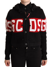 Black Cashmere Hooded Button Down Logo Cardigan Jacket