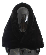 Svart virkad halsduk med päls och vessla