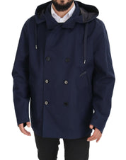 Blue Hooded Double Breasted Coat Jacket