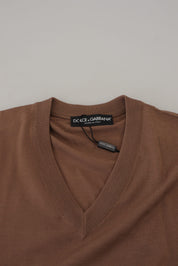 Brown Wool Men V-neck Pullover Sweater