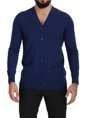 Blue Wool V-neck Button Down Cardigan Sweater