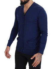 Blue Wool V-neck Button Down Cardigan Sweater
