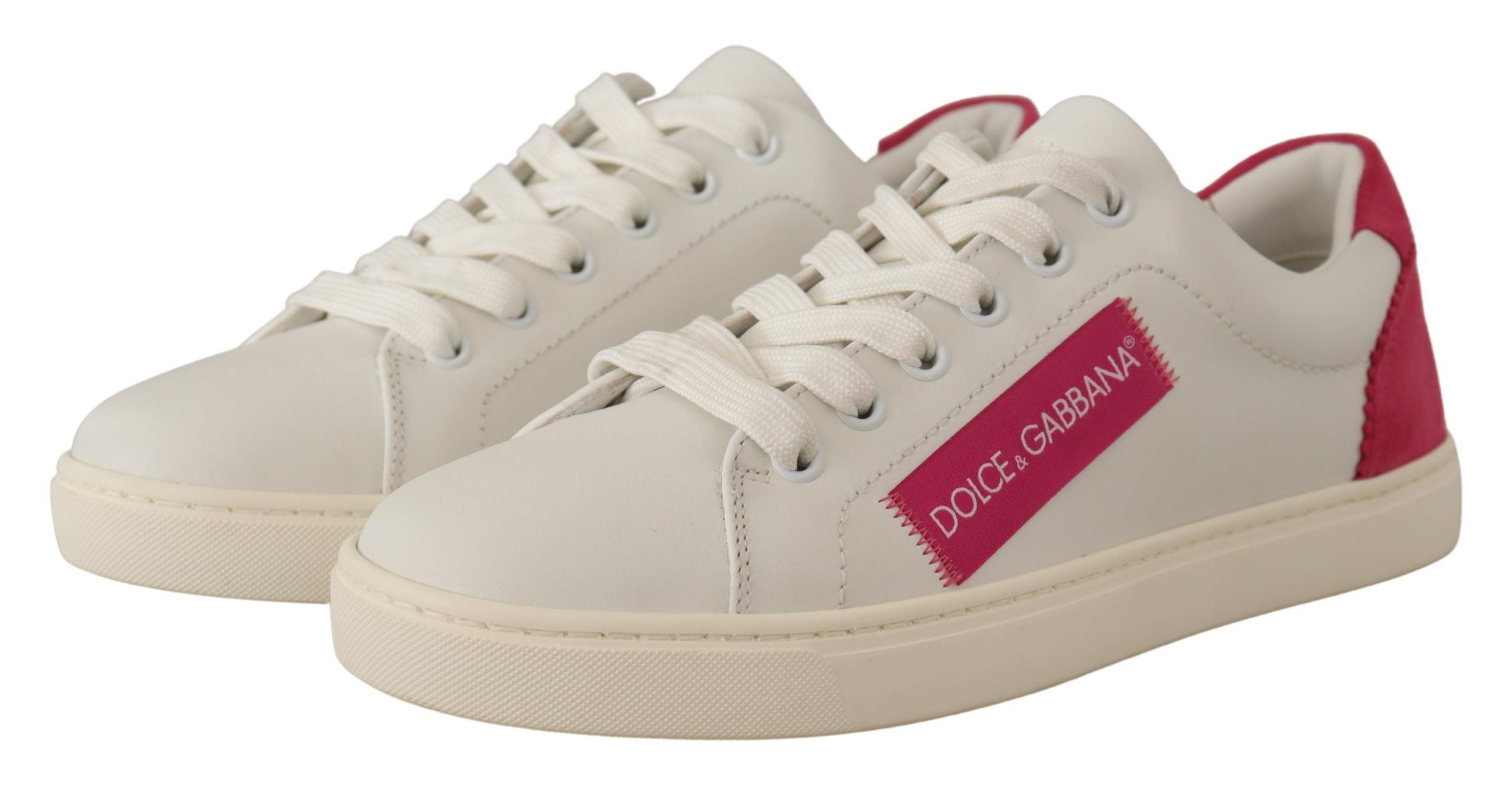 Dolce & Gabbana White Pink Leather Low-Top Sneakers