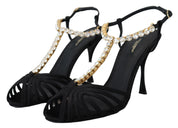 Black Satin Clear Crystal T-strap Sandal Shoes