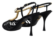 Black Satin Clear Crystal T-strap Sandal Shoes