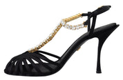 Black Satin Clear Crystal T-strap Sandal Shoes