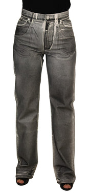 Grey Washed High Waist Denim Pants Cotton Jeans