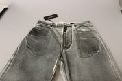 Grey Washed High Waist Denim Pants Cotton Jeans