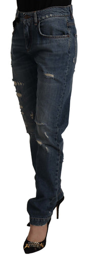 Blue Denim Baroque Heart Logo Patch Pants Jeans