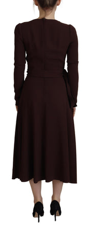 Brown Wrap Long Sleeve Midi Stretch Dress