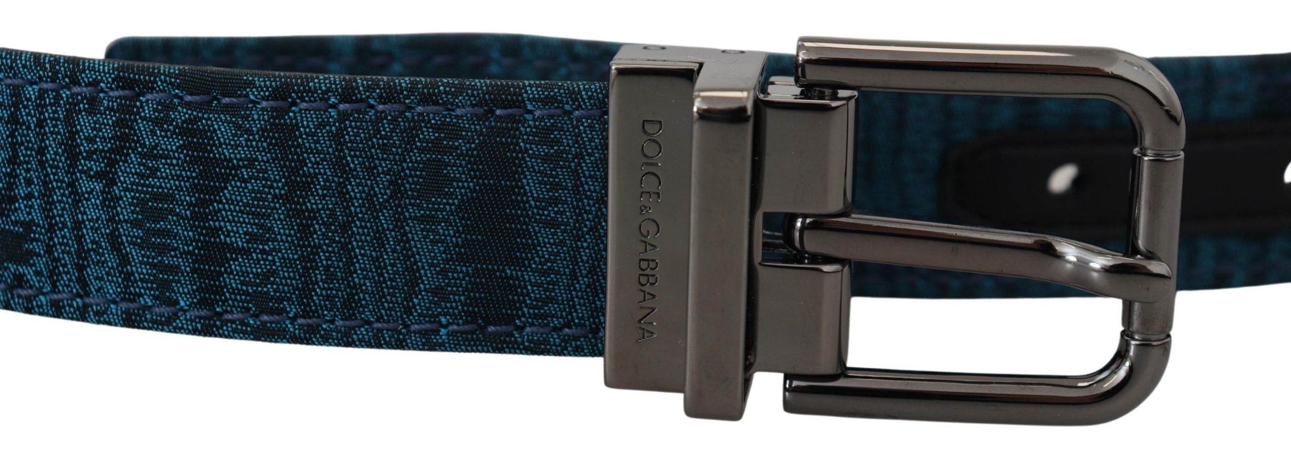 Blå jacquard-moire-bälte med silverfärgad metallspänne för män
