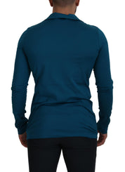 Blue Cotton Collared Slim Pullover Sweater